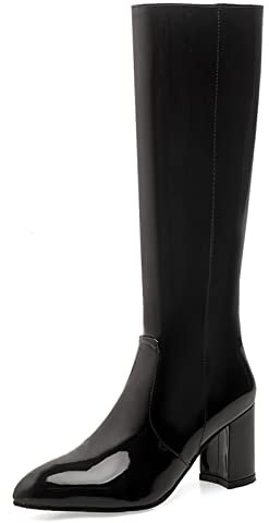 MJIASIAWA Damen Pointed Toe Mode Knee Lack Reitstiefel Blockabsatz Hochzeit Kleid Reißverschluss Party Schuhe Schwarz Gr 33 Eu