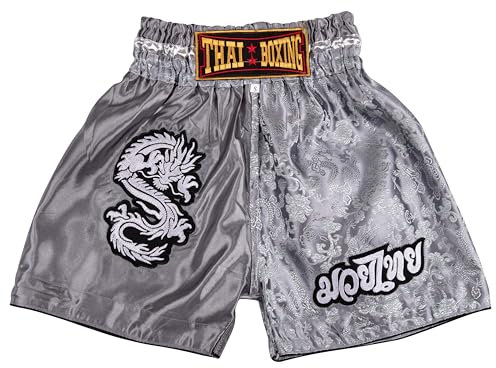MUAY NATION Muay Thai Shorts für Kinder (2 Jahre - 12 Jahre) Mädchen Jungen Boxhosen für Kickboxen MMA Kampfsport (DE/NL/SE/PL, Alter, 2 Jahre, 3 Jahre, Regular, Drachen Grau)