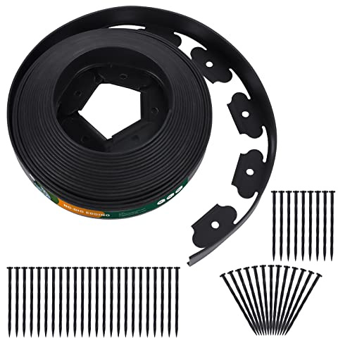 No Dig Durable Garden Landscape Edging Kit, 2 Tall Black Plastic Lawn Border for Landscaping, Flower Gardens, Lawn (100FT+ 120pcs Anchoring Spikes, Black)