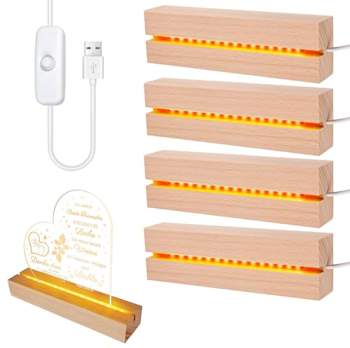 BORDEAG LED Luci Display Base, 4 Pezzi Base Luce Led Legno con USB, Base Rettangolare con Led per Lastra in Acrilico, Lastra in Cristallo, Lunghezza 15 cm, Bianco Caldo