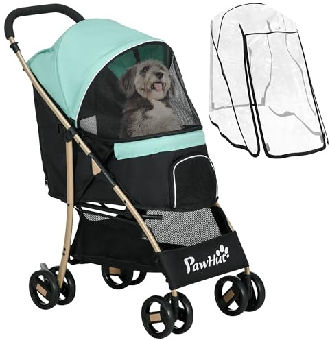 PawHut Passeggino per Cani Piccoli e Mini, Passeggino per Animali Pieghevole con Copertura Antipioggia, Cestino e Guinzaglio Integrato, Verde