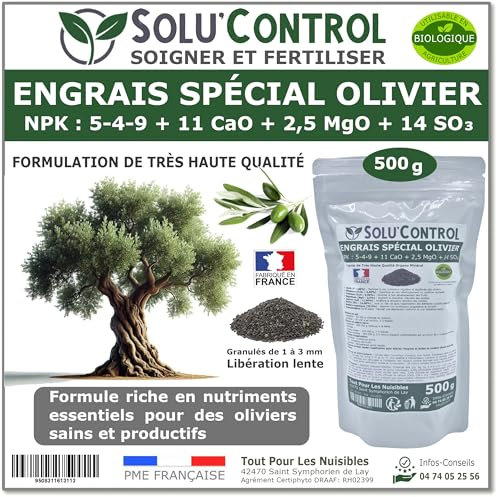ENGRAIS Spécial OLIVIER 500 g - SoluControl - Formulation haute qualité Organo-Minerale - NPK 5-4-9 - Utilisable en Agriculture BIOLOGIQUE