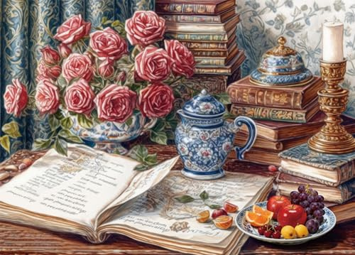 Bullglesup Puzzle pour adulte de 1000 pièces, livres et roses avec affiche, pièces parfaitement adaptées les unes aux autres, lettres à l'arrière, pas de poussière, cadeau pour personnes âgées (70 x