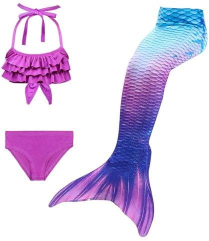 Meerjungfrau Flosse Mädchen mit Bikini Sommer Cosplay Monoflosse Kostüm Schwimmflossen Kinder Shepretty Fischschwanz Glitzernder Ideal für Pool und Meer