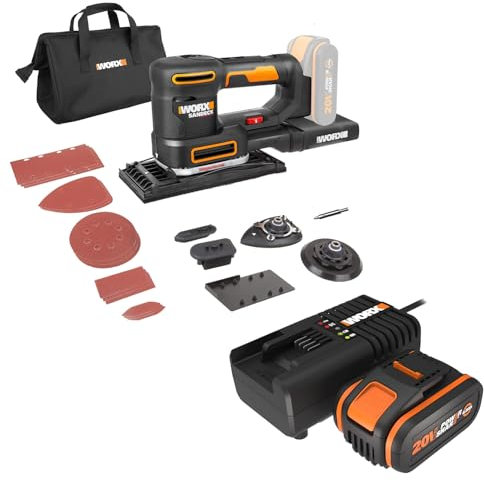 PACK WORX Ponceuse Multifonction sans Fil 20V WX820.9 + KIT Batt4Ah Chargeur, outil 5 en 1, Vitesse Variable, idéal pour le ponçage de finition, orbital et de détail, livré avec 5 Bases et 15 Abrasifs