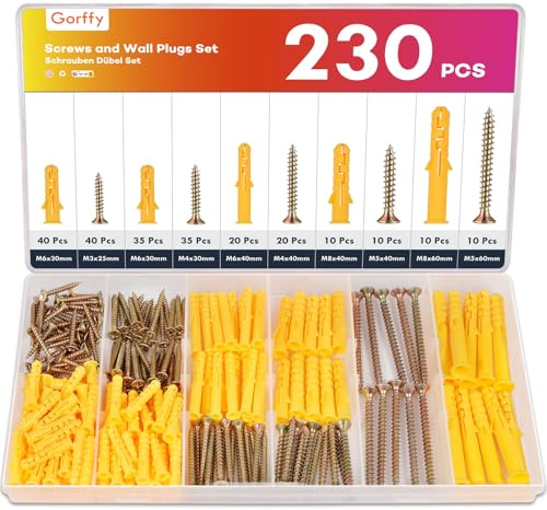 Gorffy 230PCS Screws and Wall Plugs Set, 115 x Masonry Screws and 115 x Expansion Anchor Bolts, M3/M4/M5/M6/M8 Assorted Wall Plug and Screw, Masonry Screw for Brick Wall & Concrete Fixing