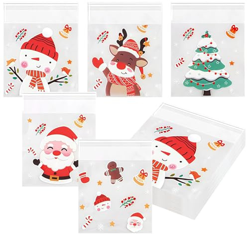 100pcs Cellophane Bags 10 x 10cm, Christmas Self Adhesive Small Plastic Packaging Self-Seal Translucent Cookie Bags Clear Cellophane Bags Opp Sweet Bag for Cookie Chocolates Biscuit Sweets Candy