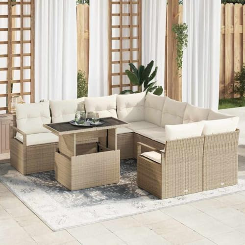 Qnhdfrt Lot de 9 canapés de jardin, avec coussins, beiges, en polyrotin, pour jardin, terrasse, balcon, avec groupe de sièges pour 6 personnes