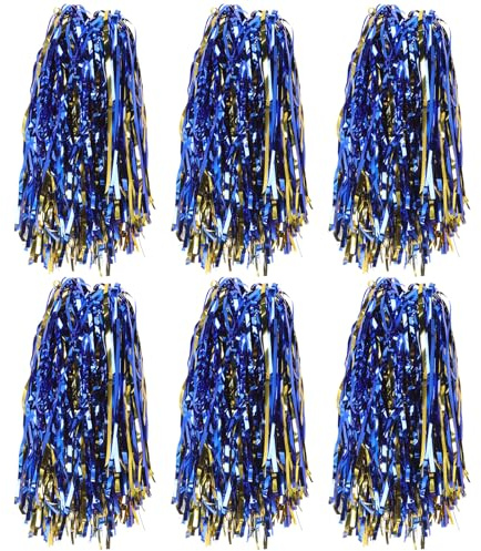 TOBBOMEY Lot de 6 Pompons de Cheerleading Métalliques Bleu et Or Poignée Plate en PP Accessoires de Costume pour Spectacles Compétitions Sportives et Événements de Danse