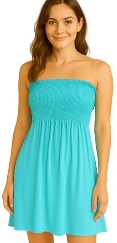 STAR FASHION Women’s Strapless Sheering Ruched Bandeau Dress Plain Boob Tube Sleeveless Midi Dress Summer Holiday Beach Flared Dress Soft Stretch Turquoise 8-10