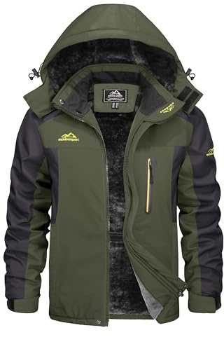 KEFITEVD Vinterjacka herr vattentät skidjacka fodrad utomhusjacka, Armégrön, 3XL