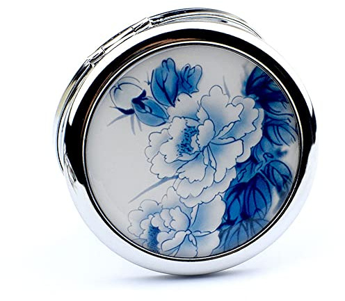 mpowtech Blue Magnifying Compact Mirror for Purse - 1x/2x Magnification Travel Makeup Mirror,Small Flower Pocket Mirrors,Handheld 2-Sided Portable Cosmetic Mirrors,Compact Mirror for Gift