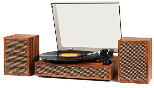 Vinyl Record Player with External Speakers, 3 Speed Bluetooth Turntable for Vinyl Records, Vintage Belt Drive Record Player with Stereo Speakers and Auto Stop, RCA Audio Out and Aux-in,Light Wood