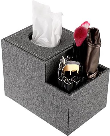 BTSKY Scatola quadrata in lino con tasca laterale multifunzione organizer per telecomando, cosmetici, penne, matite, – scatola per fazzoletti da tavolo a cubo, portatovaglioli, grigio