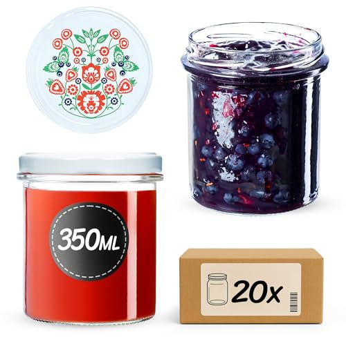 KADAX Syltburkar 350 ml, fi82 mm, konserveringsburkar med skruvlock, honungsburkar, konserveringsburkar för svamp, sylt, honung (20 stycken, folklore)