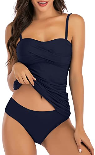 Shuangyu Women Bandeau Tankini Swimsuit Front Twist Bikini Top Swimwear Ruched High Waisted Bottom Tummy Control Bathing Suits Ming Blue L