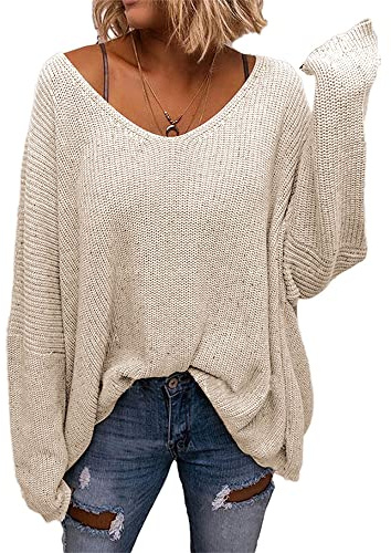 BZB Women's V Neck Long Sleeve Knit Loose Oversized Pullover Sweater Top