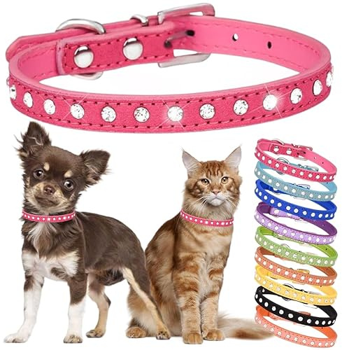 Hotlion Strass Hundehalsband Niedlich Kristall Diamant Katzenhalsband Weiches Leder Kätzchen Welpen Halsbänder Verstellbar für Kleine Mittlere Hunde Rose XXS