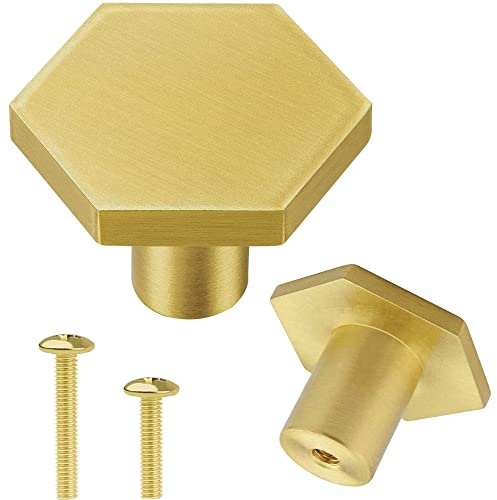 Vandicka 8 Pcs Brushed Brass Door Knobs - Gold Cabinet Knobs & Drawer Pulls - Hexagon Door Handles for Kitchen Cupboard Dresser Wardrobe, 35 * 21 mm