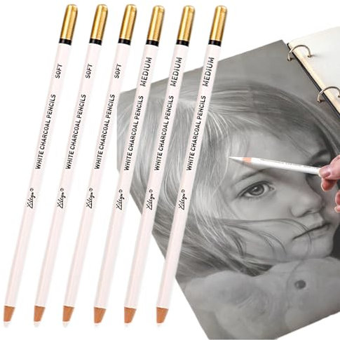 6 Stück Weiße Kohlestifte Set Künstler Weiß Leuchtenden Farbstifte Weiße Buntstifte Kohle Pastell Bleistift Kunst Malerei Zubehör Zeichnen Skizzieren Bleistifte für Feine Details und Übergänge