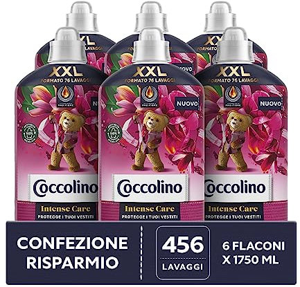 Coccolino Ammorbidente Concentrato Fiori di Tiarè e Frutti Rossi, Ammorbidente Lavatrice Intense Care con Tecnologia Pro-Fibre, Formato XXL 456 Lavaggi, 6 Pezzi da 1750 ml