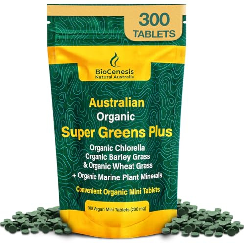 Biogenesis SuperGreens Plus Tablets – 300 Count (200 mg) | Unflavored | Organic Chlorella, Wheatgrass & Barley Grass | Australian Grown | Supports Energy & Immunity | Vegan Mini Talets