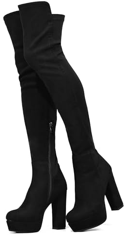 COOLCEPT Femmes Cuissarde Bottes Plateforme Panelled Au-dessus du genoux Bottes Talons Chunky Fermeture Éclairper Black-Mosha Taille 42