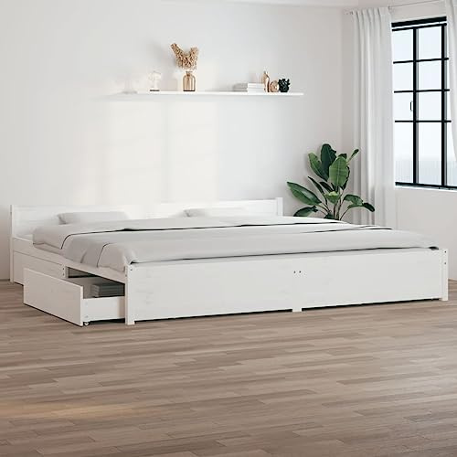 vidaXL Wooden Bed Frame with Storage Drawers - White, Super King Size Bed Frame with Sturdy Plywood Slats and Classic Headboard