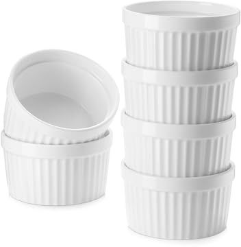 Samsle Pirottini in ceramica da 226,8 g, adatti al forno, piccoli piatti da soufflé, per creme brûlée, gelati, salse e salse, set di 6 mini ciotole da forno in porcellana bianca