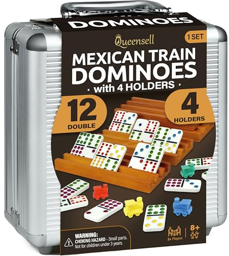 Mexican Train Dominoes Set with 4 Holders - Dominoes Double 12 with Wooden Hub and Tiles Holders - Double 12 Dominos Set for Family Game Night for Adults and Kids Ages 8 and up