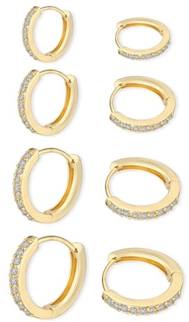 4 Paar Gold Creolen für Damen - Klein Ohrringe Set mit Zirkonia, Hypoallergen Knorpel Ohrringe, Strass für Mehrere Piercings, Schlafen - 6mm/8mm/10mm/12mm