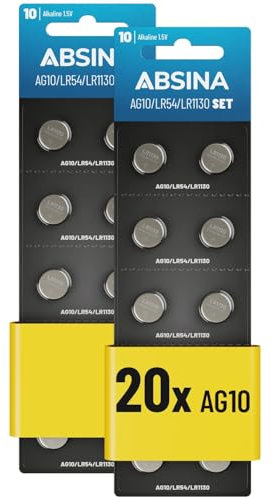 AG10 LR1130 Knopfzelle 20er Pack - 1,5V Alkaline Knopfzellen auslaufsicher & mit Langer Haltbarkeit - LR54 / V10GA / RW49 / G10A / 189 / GP189 / L1130 / 89A - Knopfbatterien Batterien Batterie ABSINA