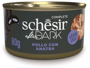 Schesir After Dark, Filetti di Pollo con Anatra in Brodo, Alimento Umido Completo per Gatti, in Lattina, Grain Free, Alto Contenuto di Proteine, Fonte di Idratazione, 12 x 80 g