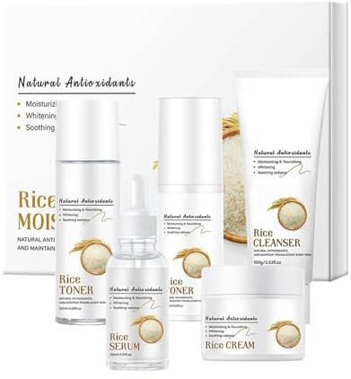 Set per la cura della pelle di riso, estratto di riso a doppia polpa grezza, set di prodotti per la cura della pelle con tonico viso, lozione, siero viso, crema viso e detergente, migliora la pelle