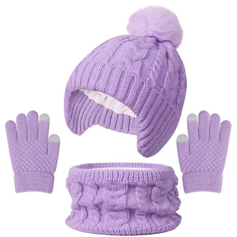 Jupsk Set invernale con cappello, sciarpa e guanti, lavorato a maglia, scaldacollo spesso, con pompon e fodera in pile, per bambini da 3 a 10 anni, Viola, Taglia unica