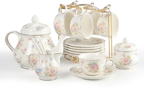 Sweejar 23 Pcs Floral Tea Sets with Metal Holder, Relief Gold Rim Porcelain Tea Sets for Adults, Cup and Saucer Set for 6, with Teapot, Sugar Bowl, Milk Jug, Spoons (Small Flower)