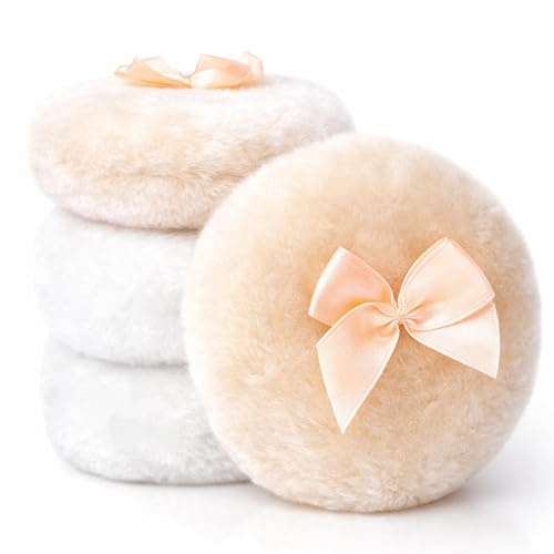 Bafutayawa Juego de 4 Borlas de Polvo Grande para Maquillaje Corporal Suave y Esponjoso Lavable con Lazo para Damas Blanco Beige