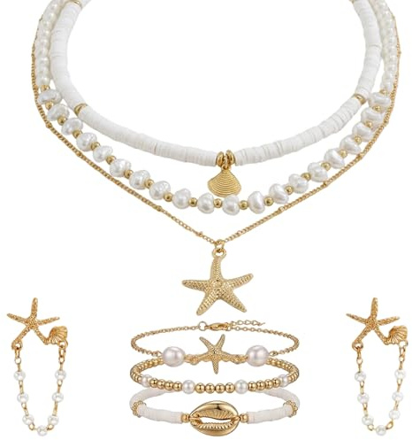 Rndqw Women Starfish Necklace, Complete Beach Holiday Jewellery Set, Trendy Starfish Seashell Necklaces, Multipiece Jewelry Accessories for Vacation Daily Wear