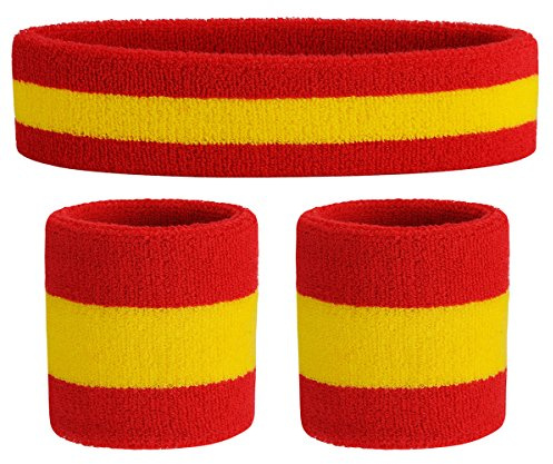 ONUPGO Muñequeras muñequeras de Diadema Set (3 Piezas) Diadema Deportiva Muñequeras con Banda de Toalla Muñequera de Tela de Toalla Ejercicio atlético Muñequera de Baloncesto Red/Yellow/Red