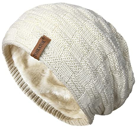 TOSKATOK® Mens Unisex Warm Winter Textured Knit Thermal Insulation Slouch Beanie hat with Cosy Faux Fur Teddy Fleece Liner-Cream