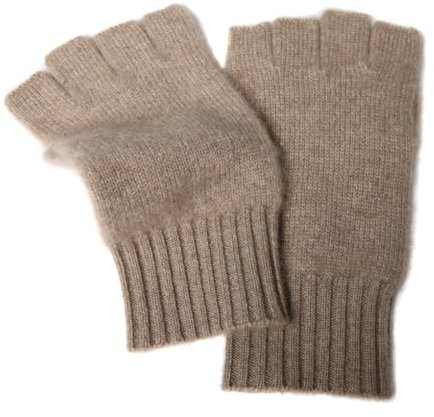 Prettystern Damen 100% Kaschmir-Wolle Halbfinger kurzfinger-handschuhe Fingerlose -Handschuhe Handstulpen Cashmere Braun