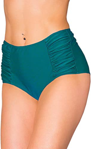 Aquarti Bikinihose Damen mit Hoher Taille und Raffung – Klassische Bikinihosen für Damen in Uni-Farben, Farbe: Smaragdgrün, Größe: 40