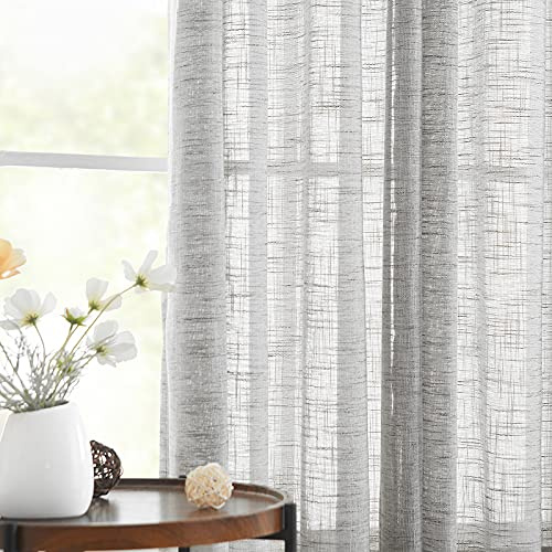 Treatmentex Grey Linen Semi Sheer Curtains 90 Inch Drop for Living Room | 1 Pair, Light Filtering Eyelet Curtain Panels for Bedroom, Dining Room, Faux Linen Texture Rustic Window Drapes for Farmhouse