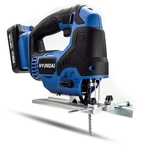 Hyundai Cordless Jigsaw, 20V MAX Li-Ion, 4 Orbital Settings, Quick Change Blade, 47 Bevel Angle, Adjustable Footplate, Led Light & Laser Guide, 3 Wood Blades and 1 Metal Blade, 3 Year Warranty