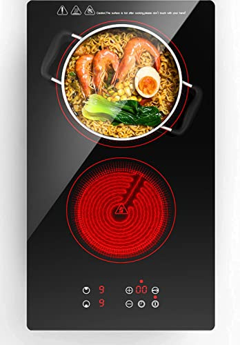 Placa de Vitrocerámica,Estufa Eléctrica Parrilla de Inducción Doble Dos Quemadores 110V 2000W Empotrable con Botones Touch Ahorra en Gas,Compatible Con Cualquier Utensilio de Cocina de Fondo Plano