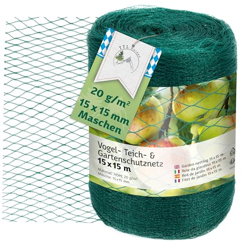 TTL GARDEN 15 x 15m Vogelschutznetz 20g/m² grün feinmaschig 15x15mm Masche