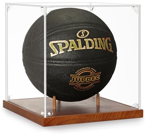 JupDec Basketball Display Case Acrylic Clear 10 Full Size with Solid Wood Base, UV Protected Soccer Display Stand Box for Autographed Standard NBA WNBA Ball Memorabilia Keepsake Ideal Gift Athlete