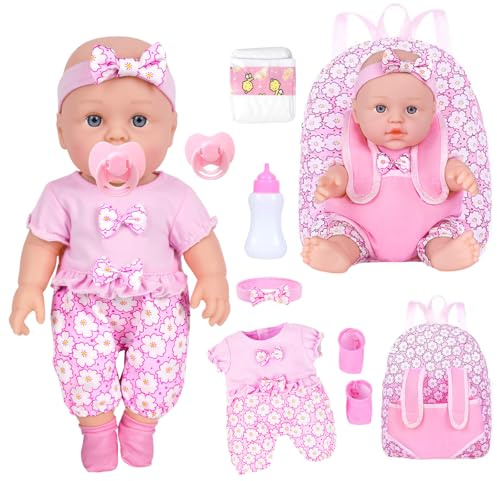 UZIDBTO 12 Inch Baby Dolls with Backpack Carrier Can Store Doll Clothes and Accessories,12 Reborn Baby Doll Set in Gift Box with Feeding Bottle Nipple Diaper for Kids Toddler Age 3+