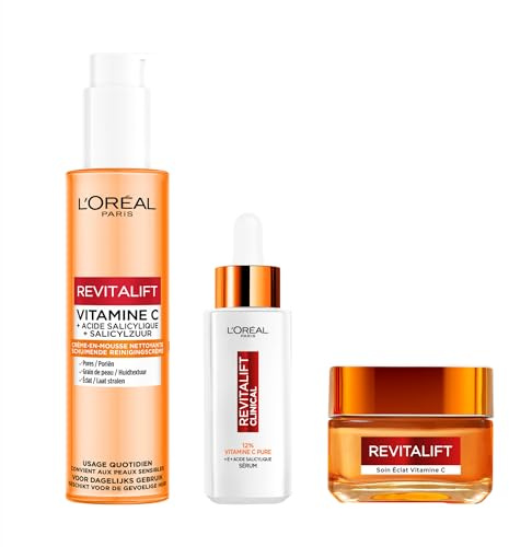 L'Oréal Paris - Coffret Routine Vitamine C - Nettoyant Visage 150ml + Sérum 12% Vitamine C 30ml + Soin Visage Eclat 50ml - Revitalift Clinical