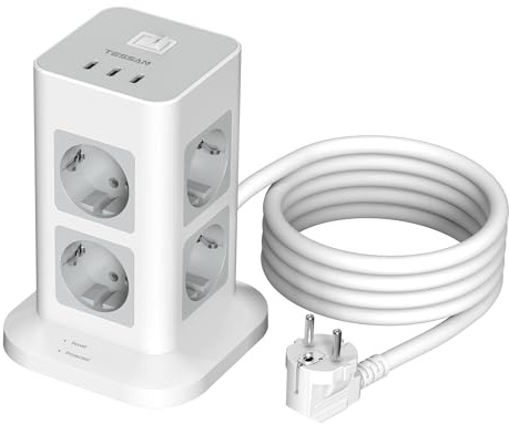 TESSAN Strömuttag med 3 USB C, grenuttag överbelastningsskydd med 8 uttag, vertikala grenuttag med strömbrytare, torn vertikala uttag med 2 M-kabel, 3600 W